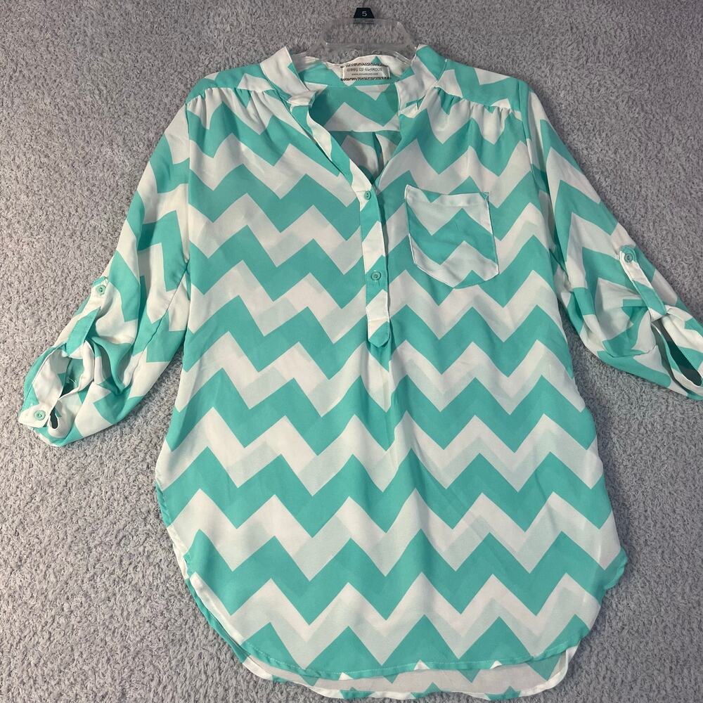 Giddy up glamour turquoise striped blouse roll sleeves front pocket sz S (4/6)